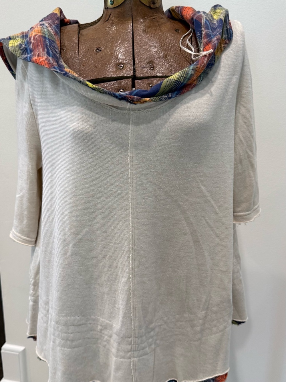 Free People Cream Pull-On Top with Multicolor Plaid Hood